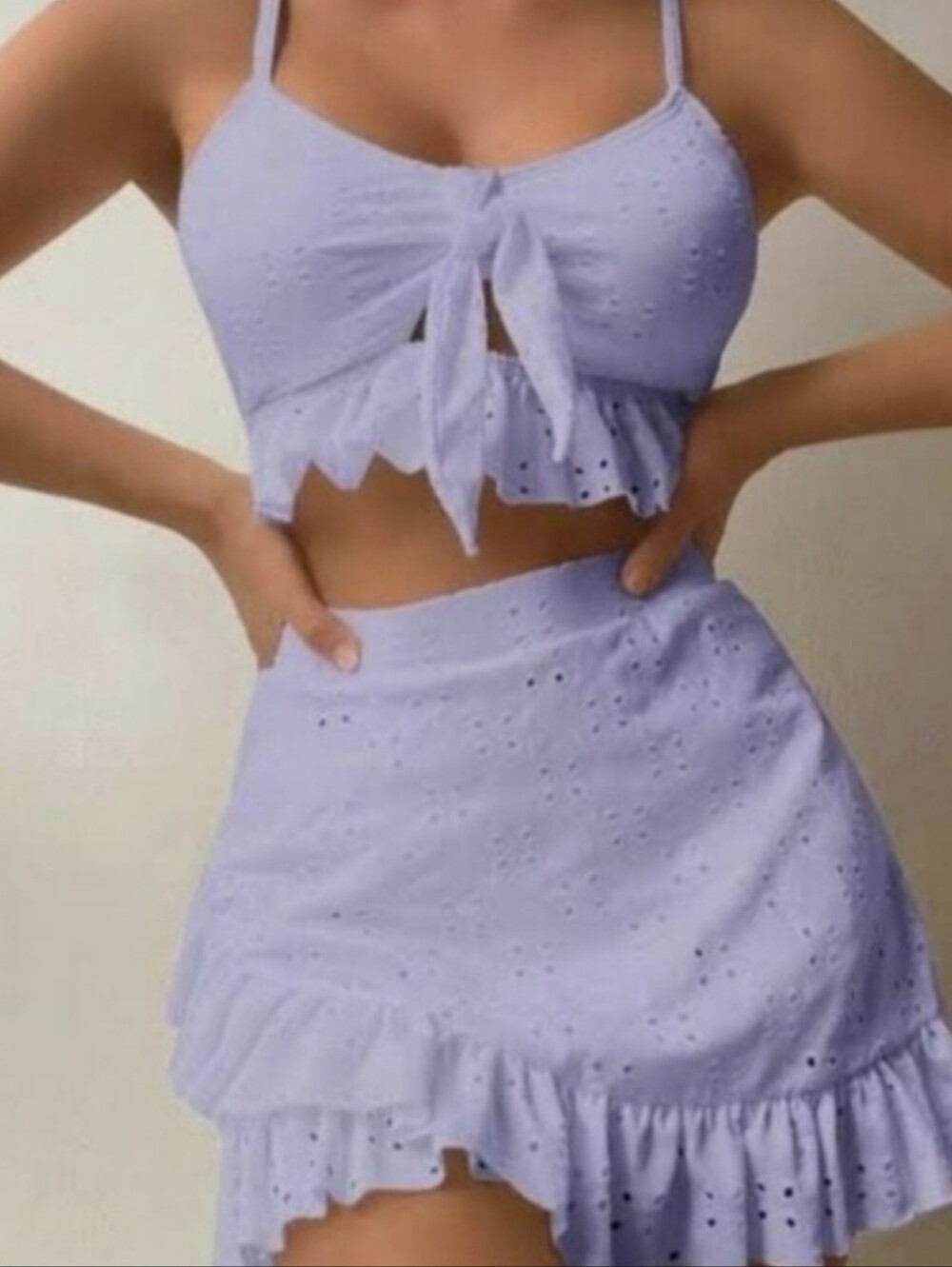 Lilac Tie-Front Bikini Top and Ruffle Skirt Set. NWOT Size Small